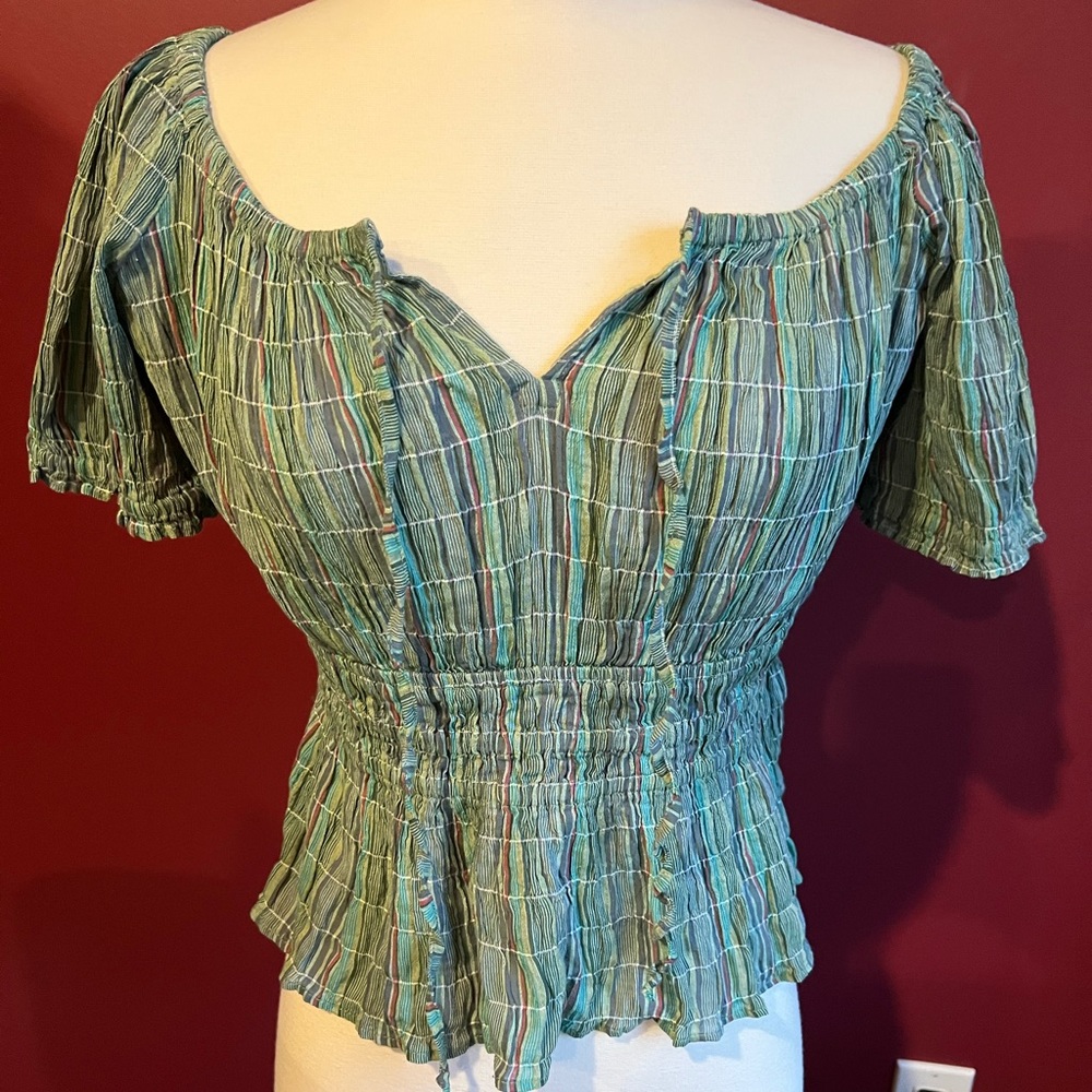 Free people green striped smocked blouse sz L